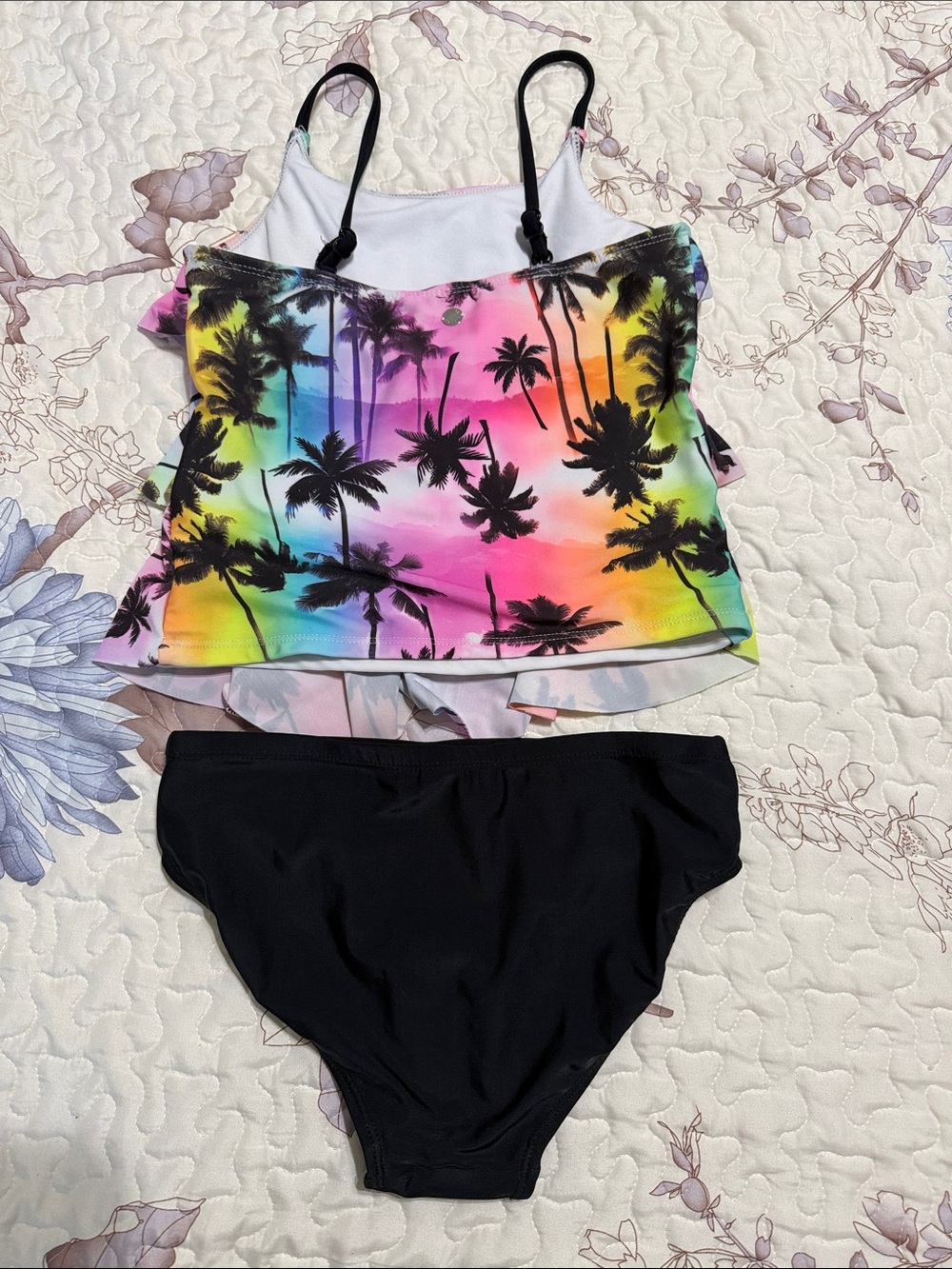 Justice Multicolor Ruffled Palm Print Tankini with Black Straps - Picture 3 of 4